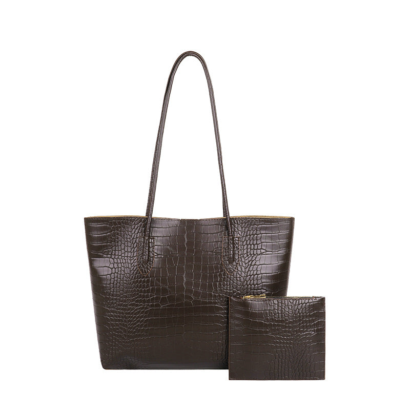 Simple Solid Color Crocodile Print Large Capacity Tote Bag