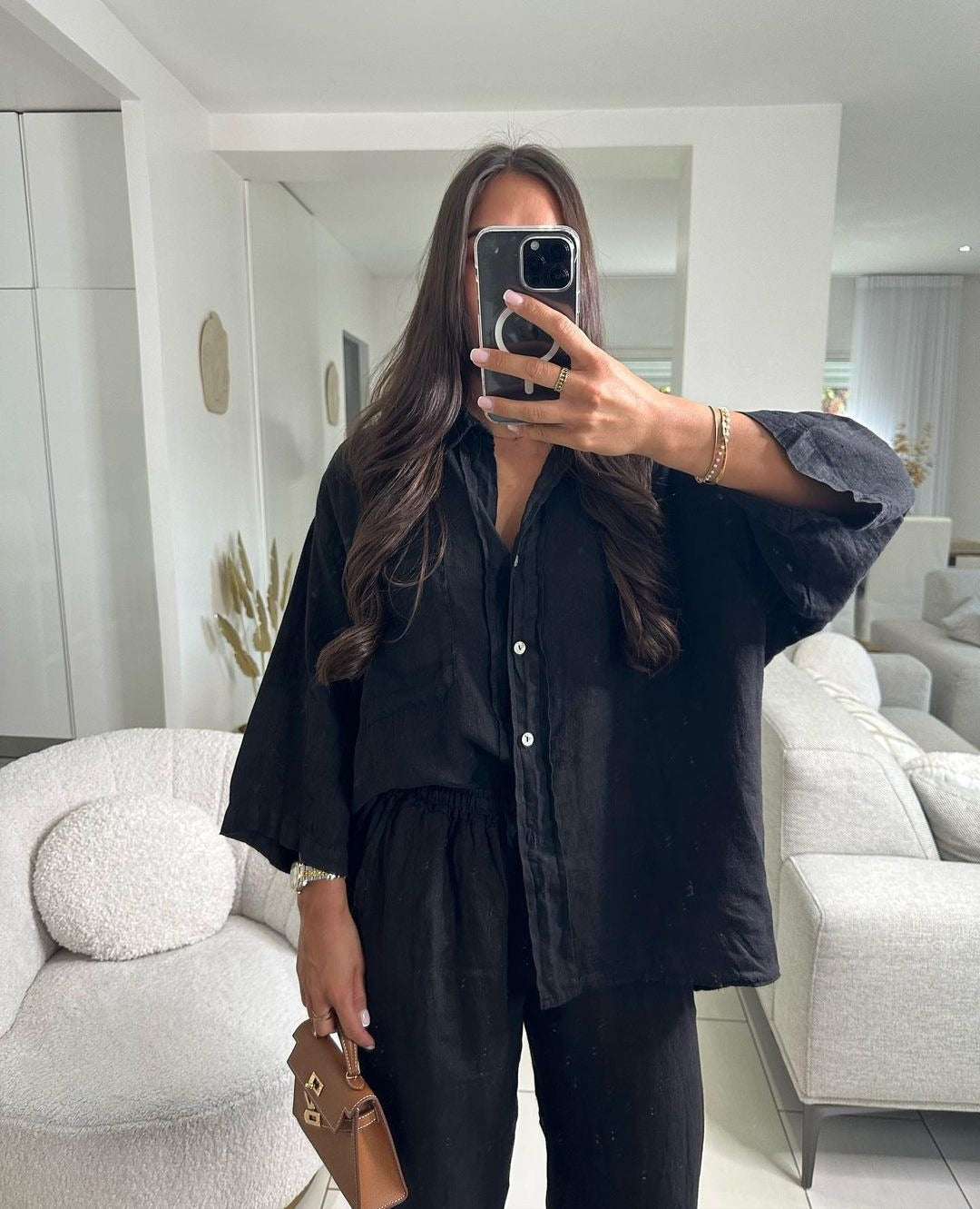Summer Women Casual Solid Color Lapel Shirt Pants Set