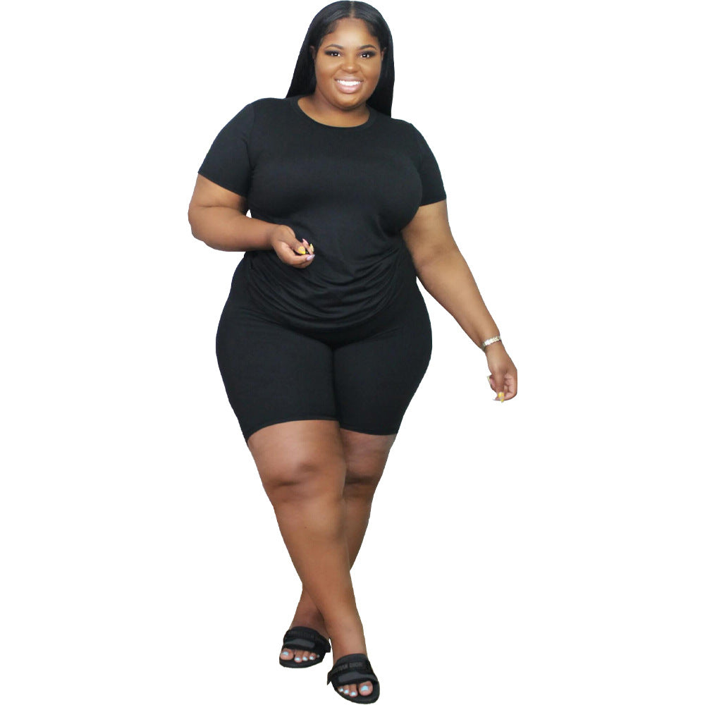 Women Casual Solid Color Two-Piece T-Shirt and Shorts Set