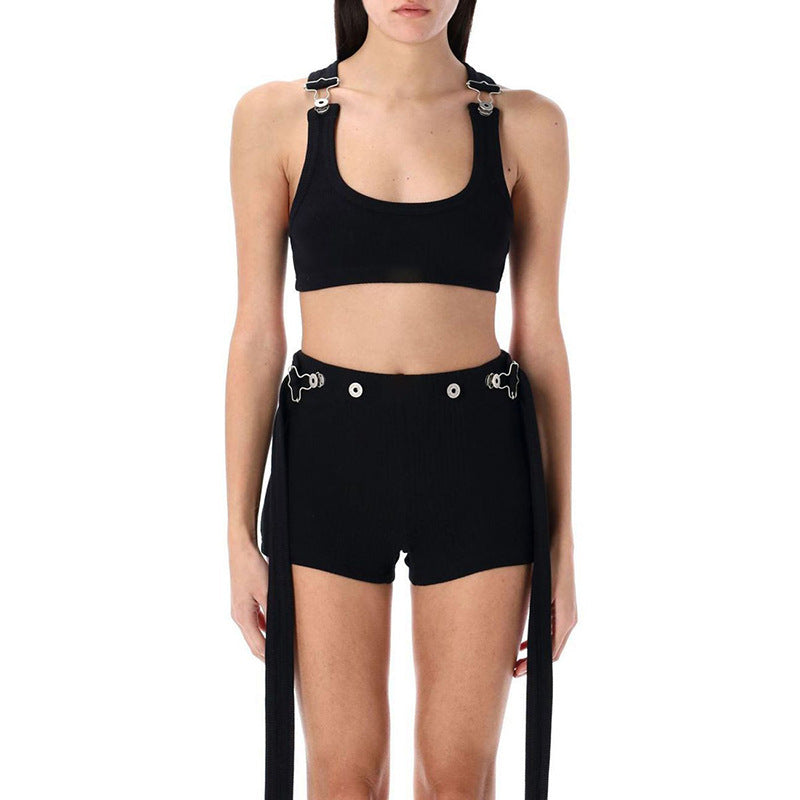 Conjunto de dos piezas de camiseta sin mangas y pantalones cortos ajustados de color liso sexy para mujer