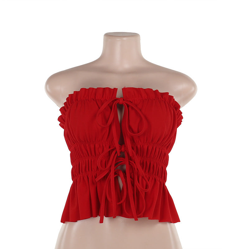 Haut tube plissé à lacets et cordon de serrage, couleur unie, sexy et tendance pour femmes