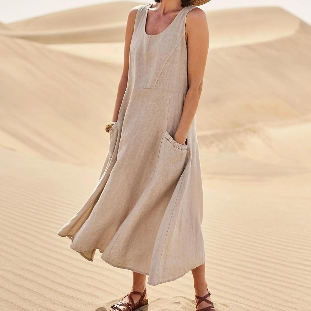 Robe d'été décontractée en lin de couleur unie pour femme