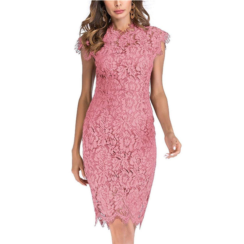 Women Fashion Sexy Solid Color Lace Short-Sleeve Dress