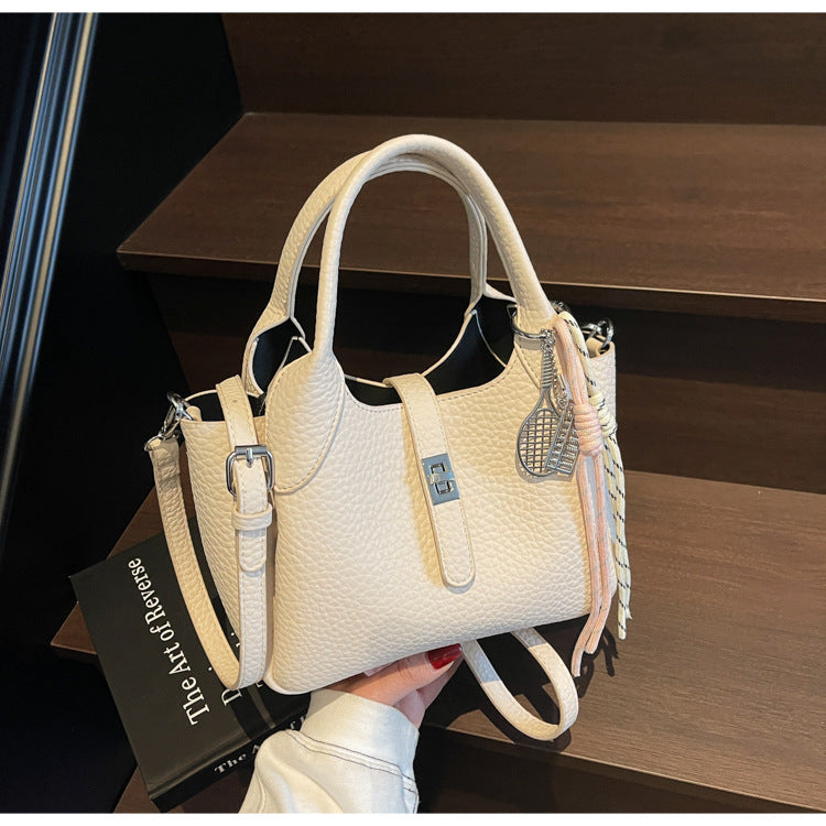 Sac à main seau décontracté de couleur unie pour femme avec motif litchi