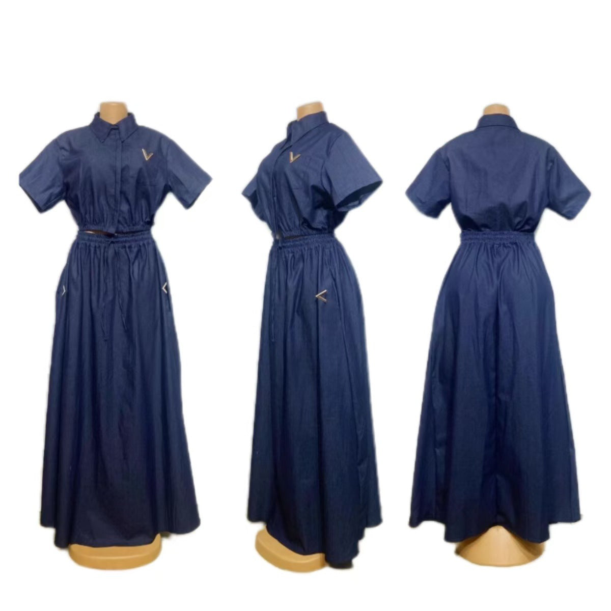 Women Casual Solid Denim Lapel Short Sleeve Two-Piece Set