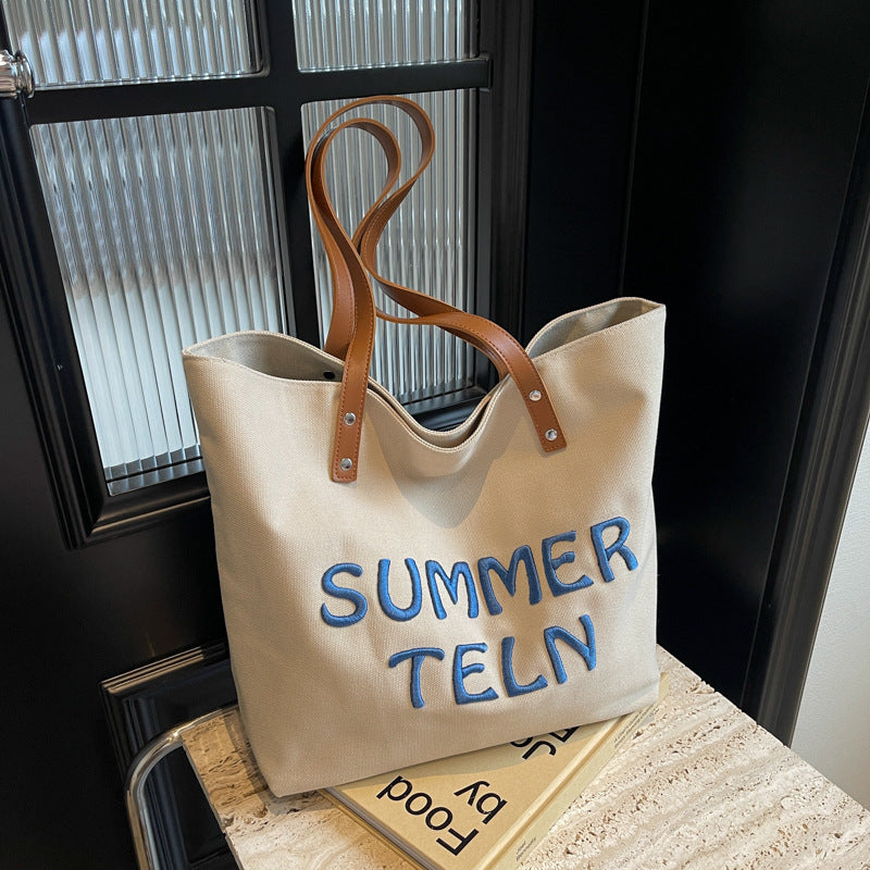 Women Fashion Embroidered Letter Canvas Tote Bag with Zipper