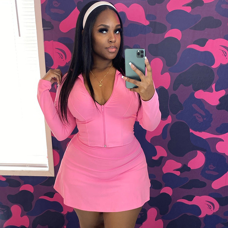 Women Fashion Long-Sleeve Zipper Top and Tight Skirt Set