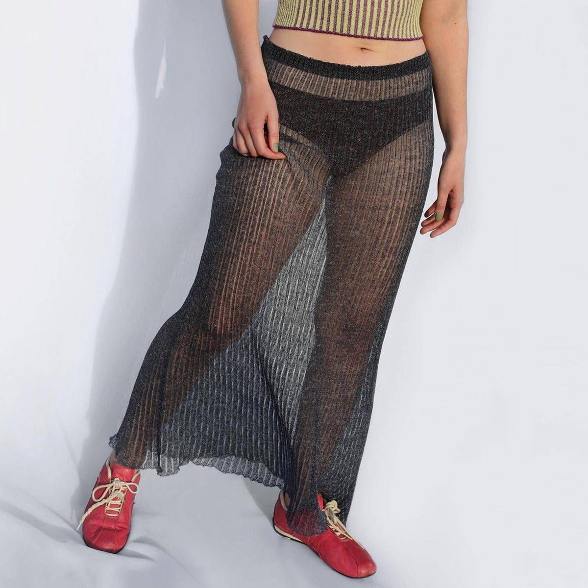 Wmen Fashion Sexy Solid Color Perspective Pleated Skirt