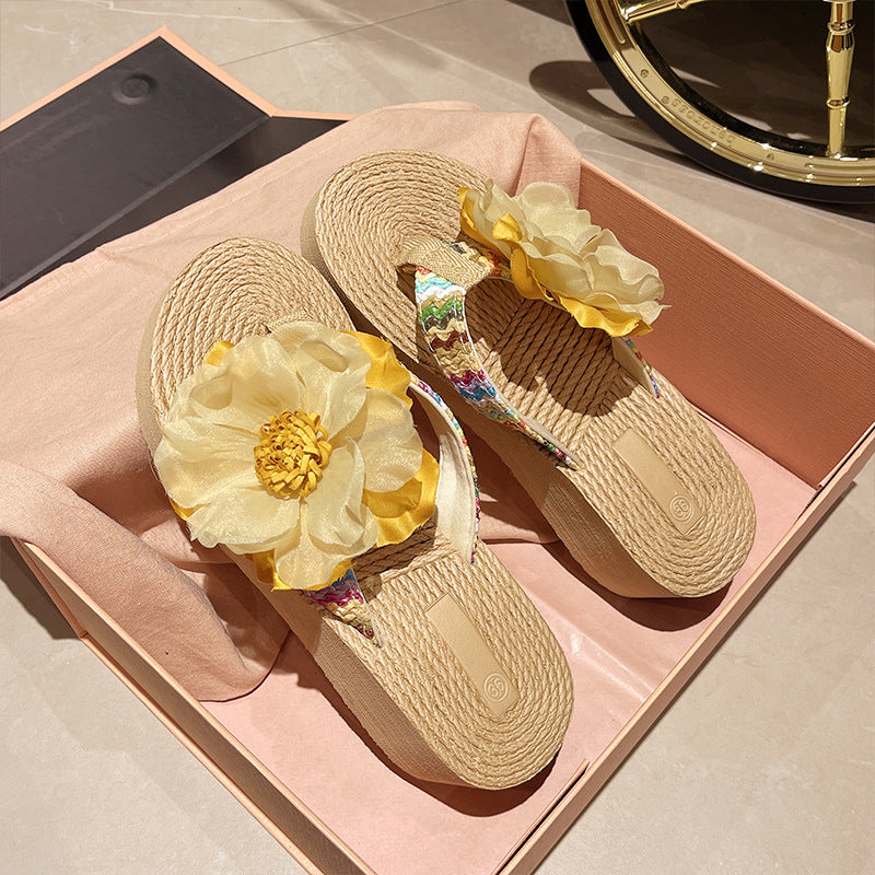 Women Summer Vacation Flower Wedged Flip Flops
