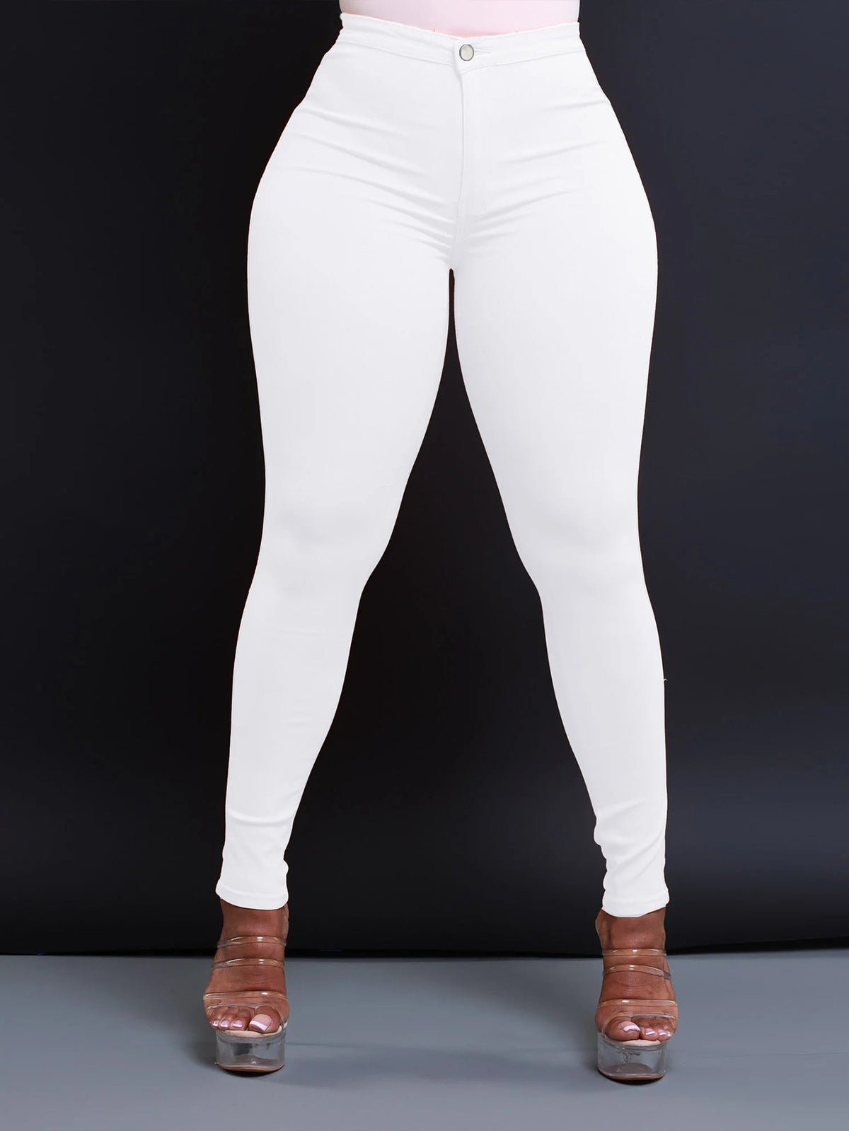 Women Fashion Solid Color Mid-Waist Tight Jeans
