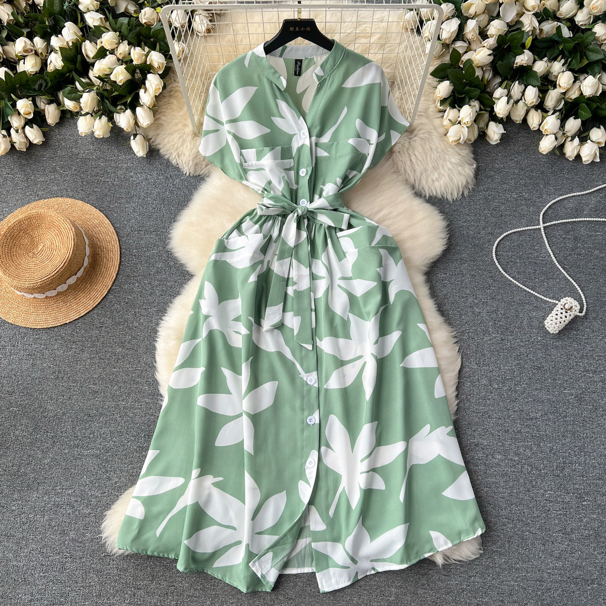 Women Fashion Casual Vacation Printed V-Neck Dress