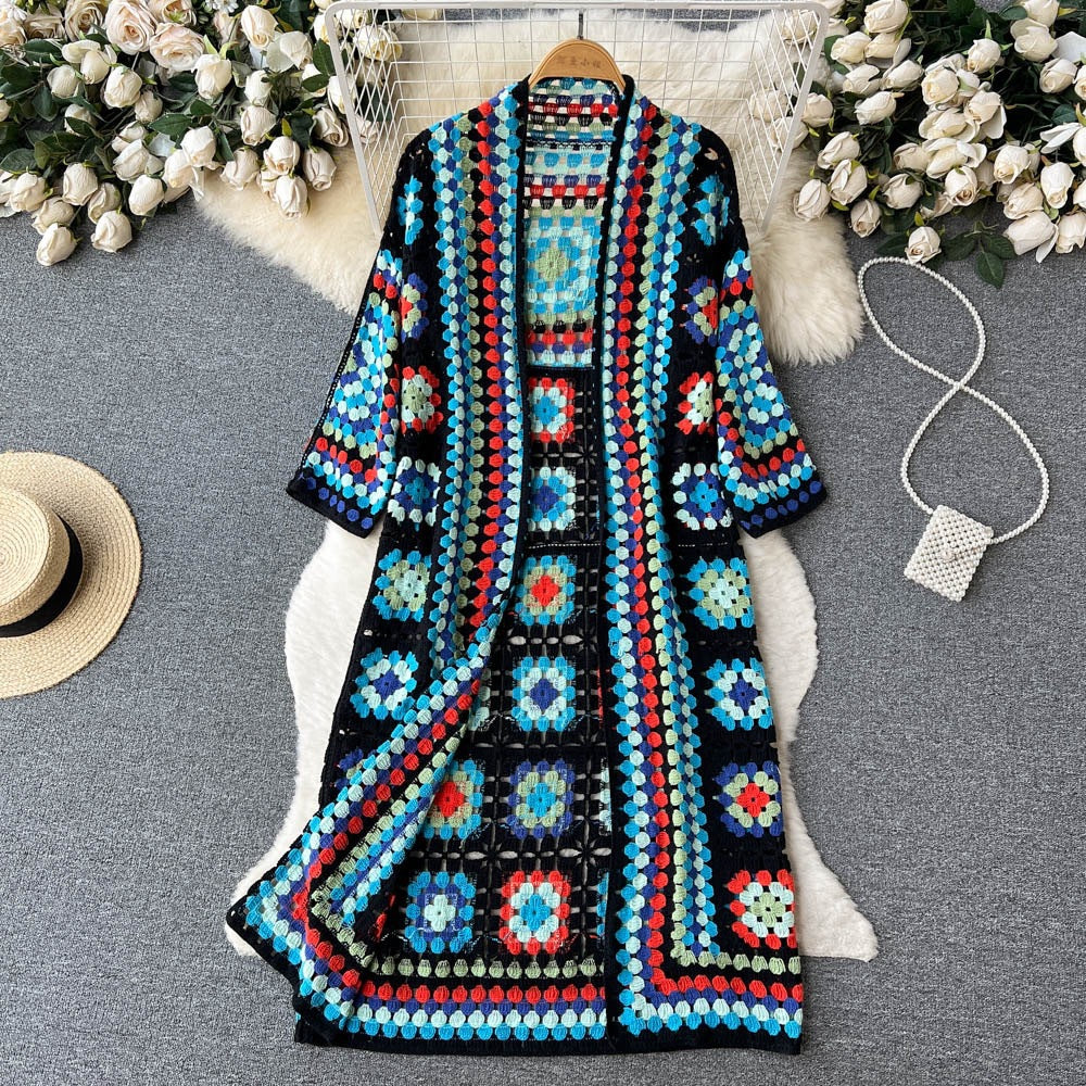 Manteau à manches longues en jacquard style bohème pour femme