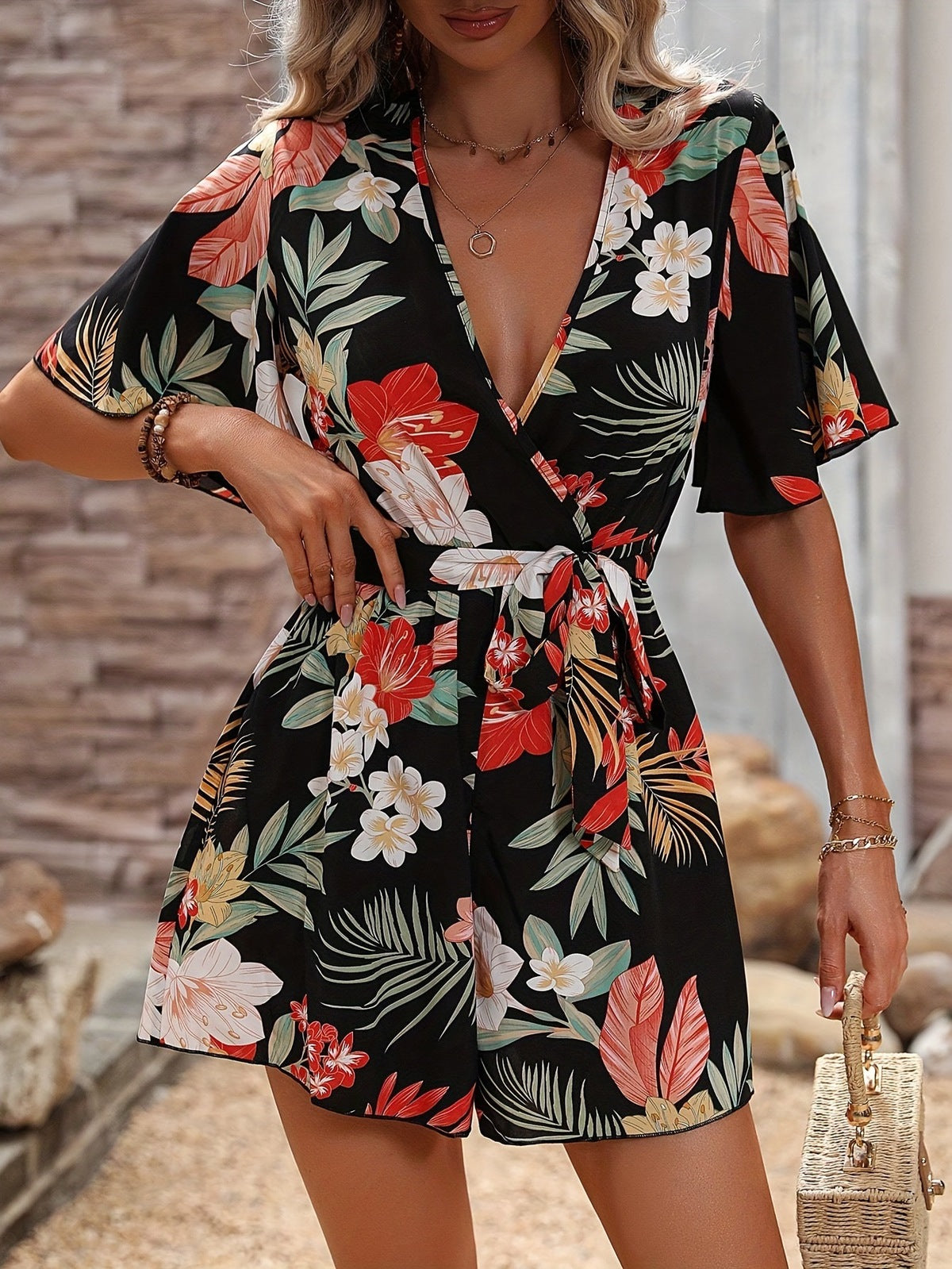 Women Casual Vacation Printed V-Neck Rompers