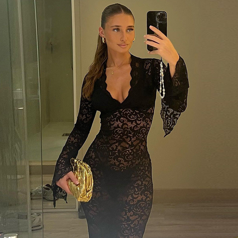 Vestido sexy de encaje con escote en V profundo y manga larga para mujer