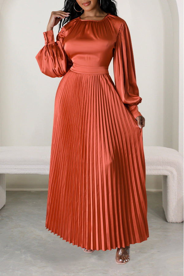 Vestido largo plisado de color liso con cuello redondo para mujer