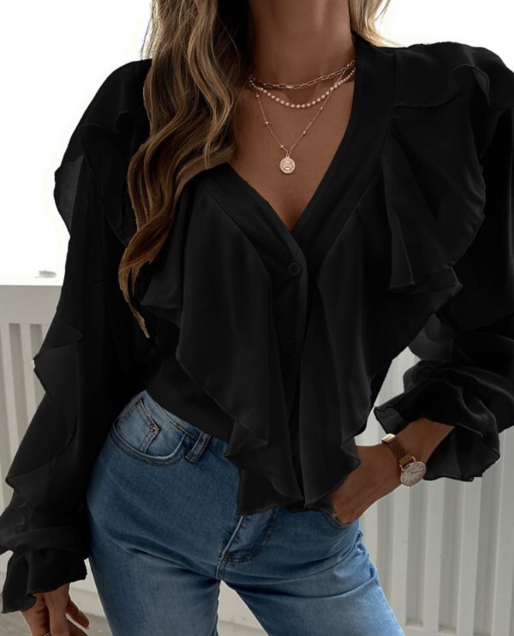 Women Fashion Casual Solid V Neck Ruffled Blouse