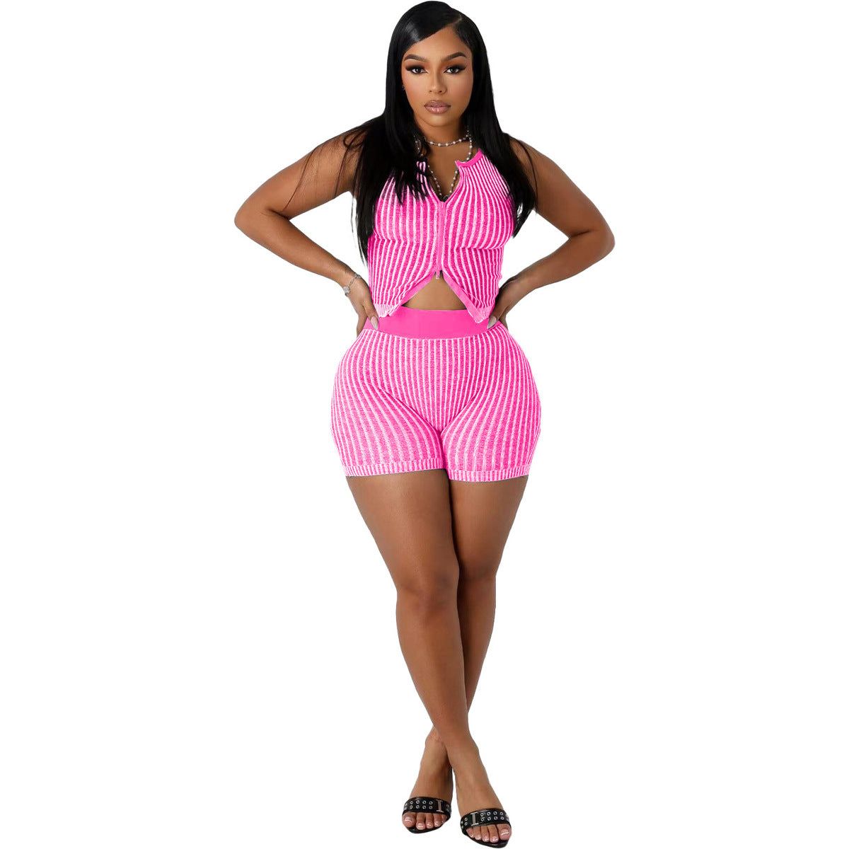 Women Fashion Sexy Stripe Knitted Two-Piece Set