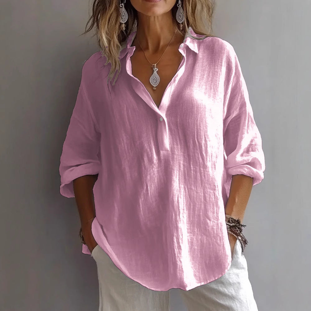 Chemisier à manches longues et col en V pour femme, couleur unie, coupe ample et décontractée, en coton et lin