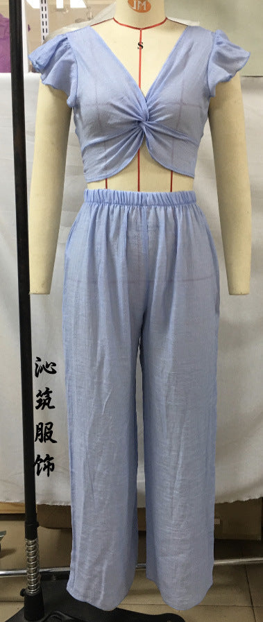Women Vacation Beach Ruffled Crop Blouse Set