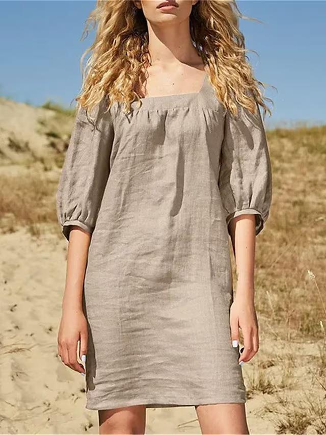 Women Fashion Casual Square Collar Puff Sleeve Dress