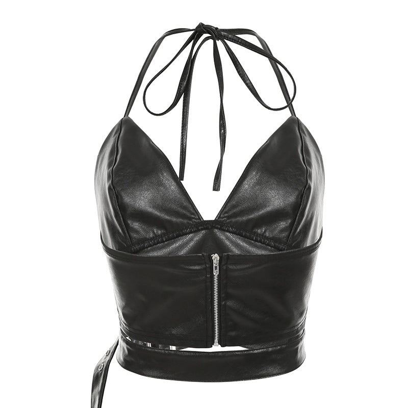 Haut court moulant en cuir à dos nu et col en V pour femme