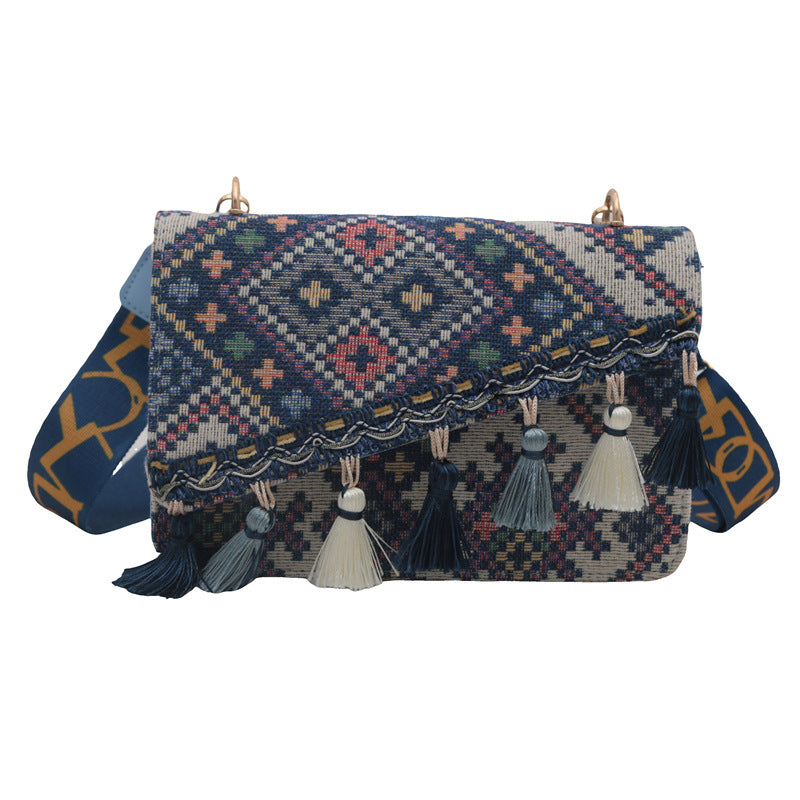 Bolso bandolera bohemio vintage con flecos y correa ancha