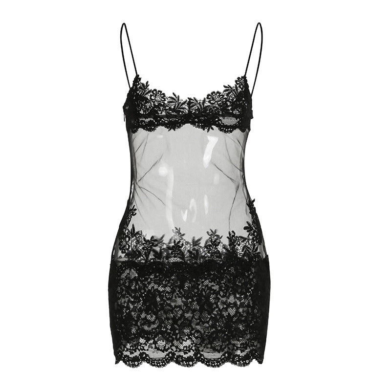 Vestido ajustado de espagueti con costuras de encaje de malla sexy para mujer
