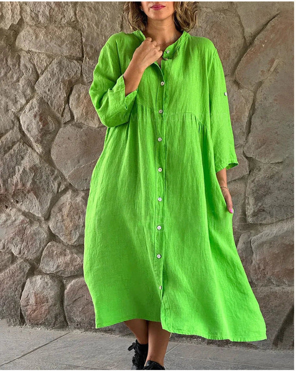 Robe chemise boutonnée décontractée en coton et lin pour femme, couleur unie