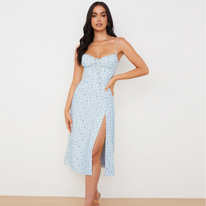 Women Fashion Vacation Flower Printed Split Camisole Dress