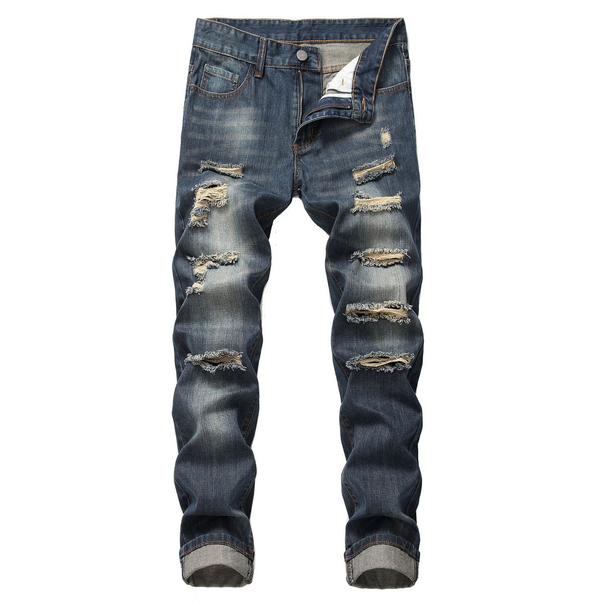 Men Casual Ripped Cotton Straight Slim-Fit Jeans