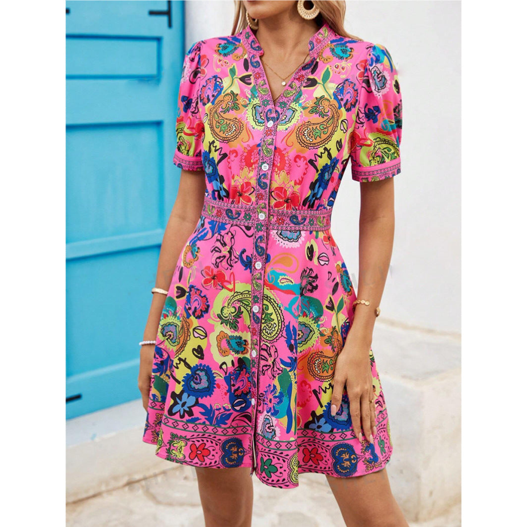 Robe décontractée à col en V et imprimé vacances pour femme