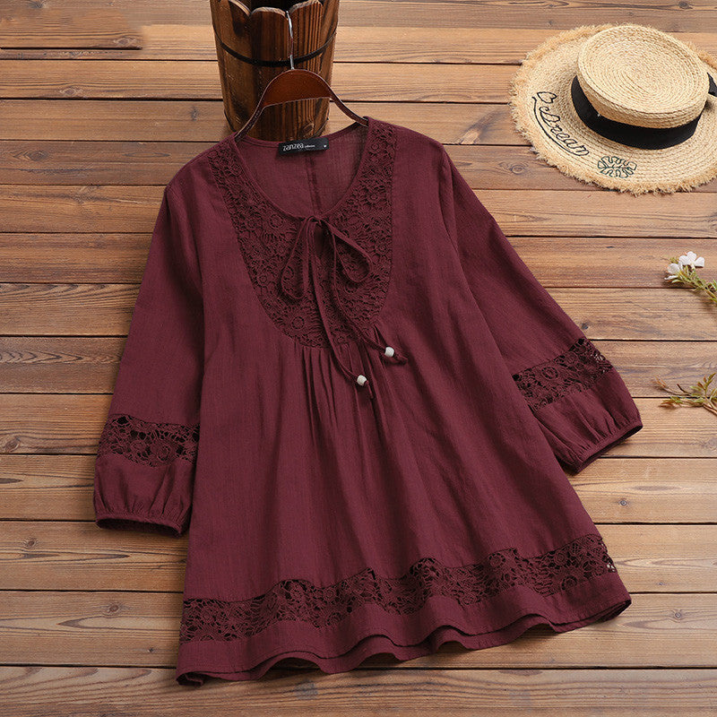 Blusa informal de lino y algodón de color liso para mujer
