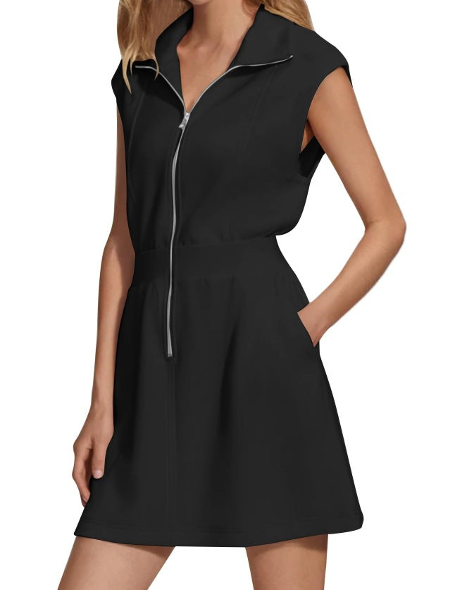 Women Casual Solid Color Sleeveless Dress with Lapel Zipper Pockets