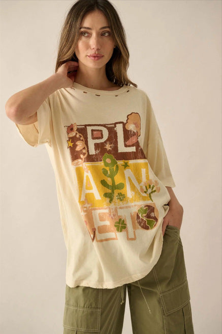 Camiseta informal de manga corta con cuello redondo y estampado para mujer