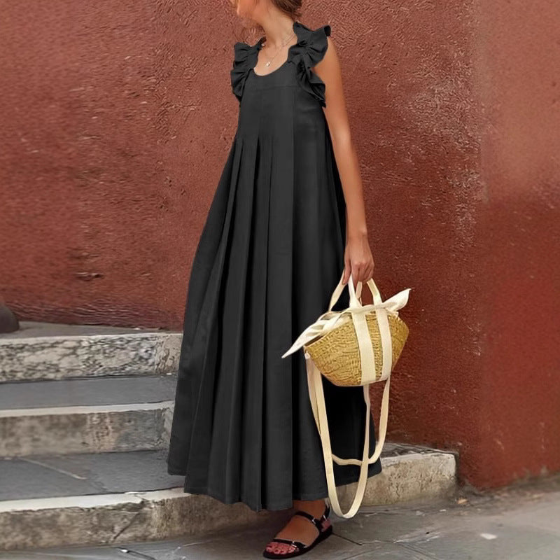 Women Casual Solid Color Sleeveless Dress with V-Neck