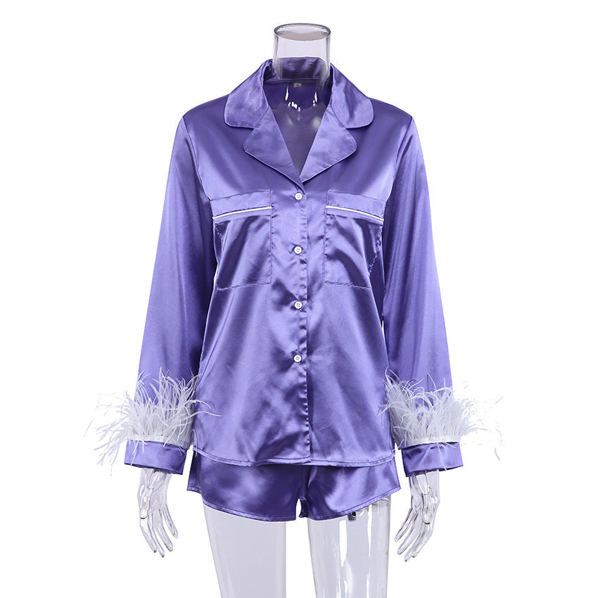 Women Fashion Loose Satin Ice Silk Long Sleeve Pajamas Set