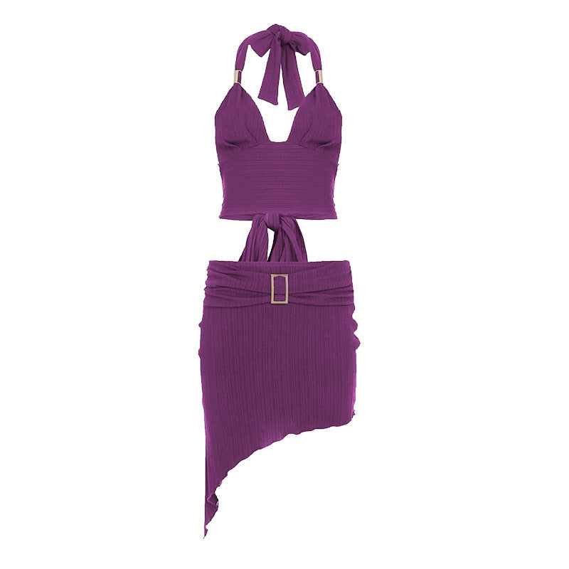 Women Street Style Solid Color Sleeveless Halter Top and Irregular Hem Skirt Two-Piece Set