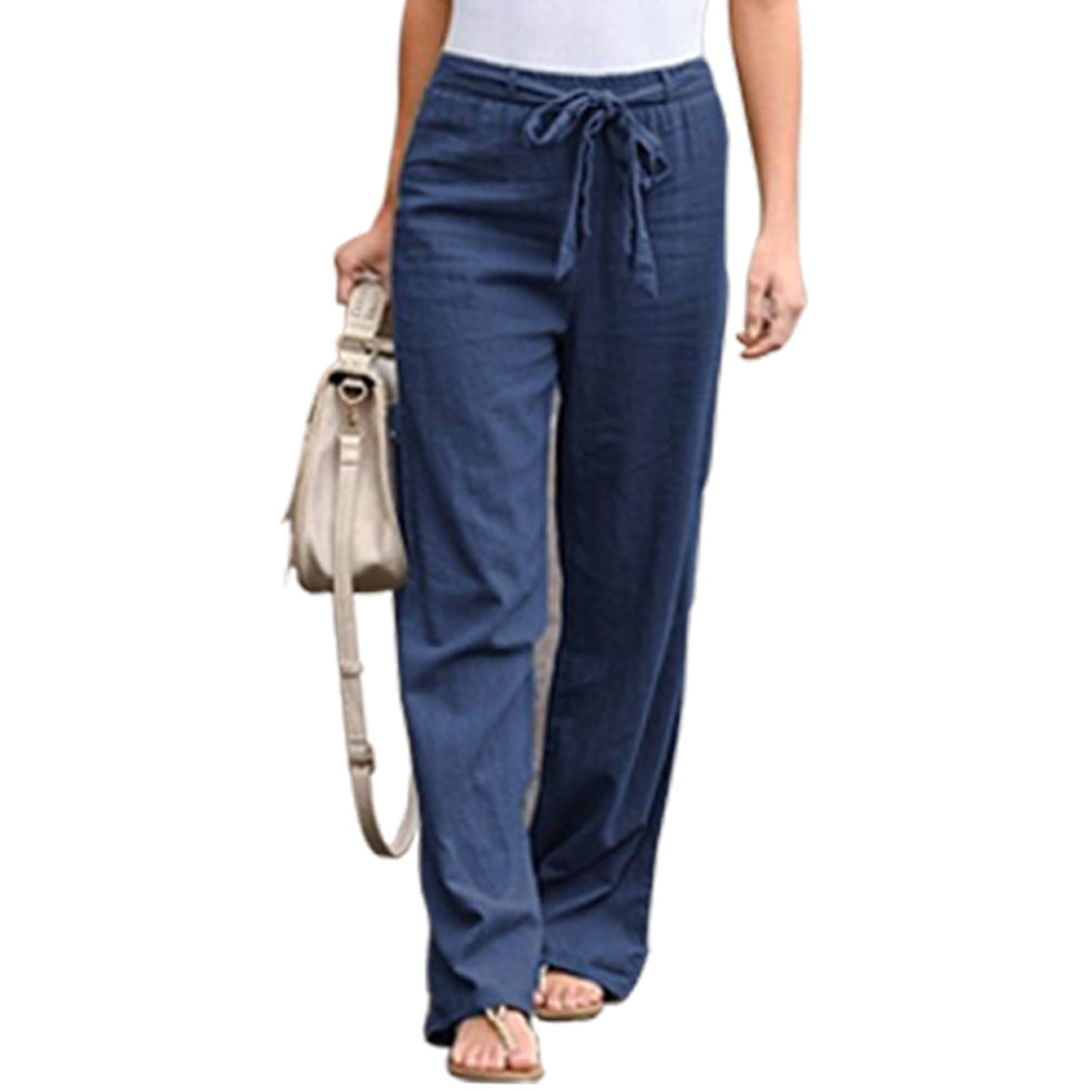 Women Solid Color Linen High Waist Lace Up Wide Leg Pants