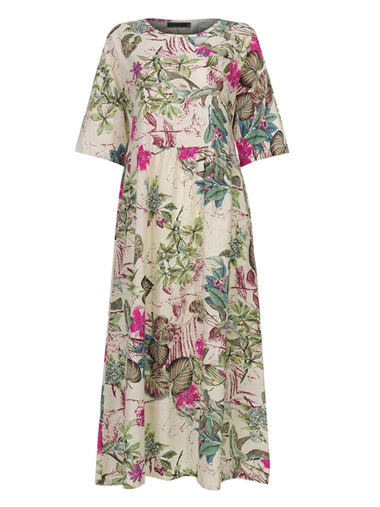 Vestido elegante bohemio de verano con mangas cortas y cuello redondo floral para mujer