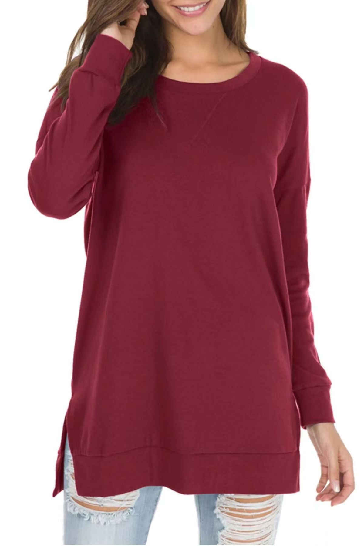 Women Simple Solid Color Round Neck Long Sleeve Blank T-Shirt