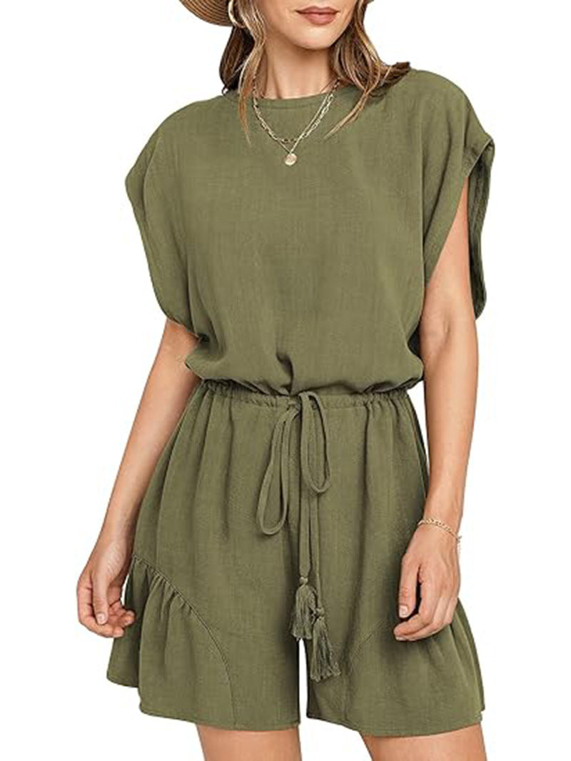 Combinaison décontractée en coton et lin pour femme, couleur unie