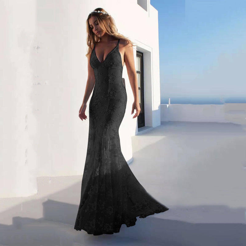 Women Fashion Sexy Solid Color Lace V Neck Backless Dress