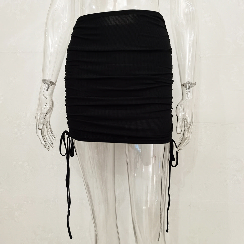 Women Fashion Solid Color Drawstring Pleated Skirt