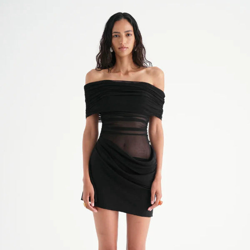 Women Fashion Off-Shoulder Pleated Short Dress