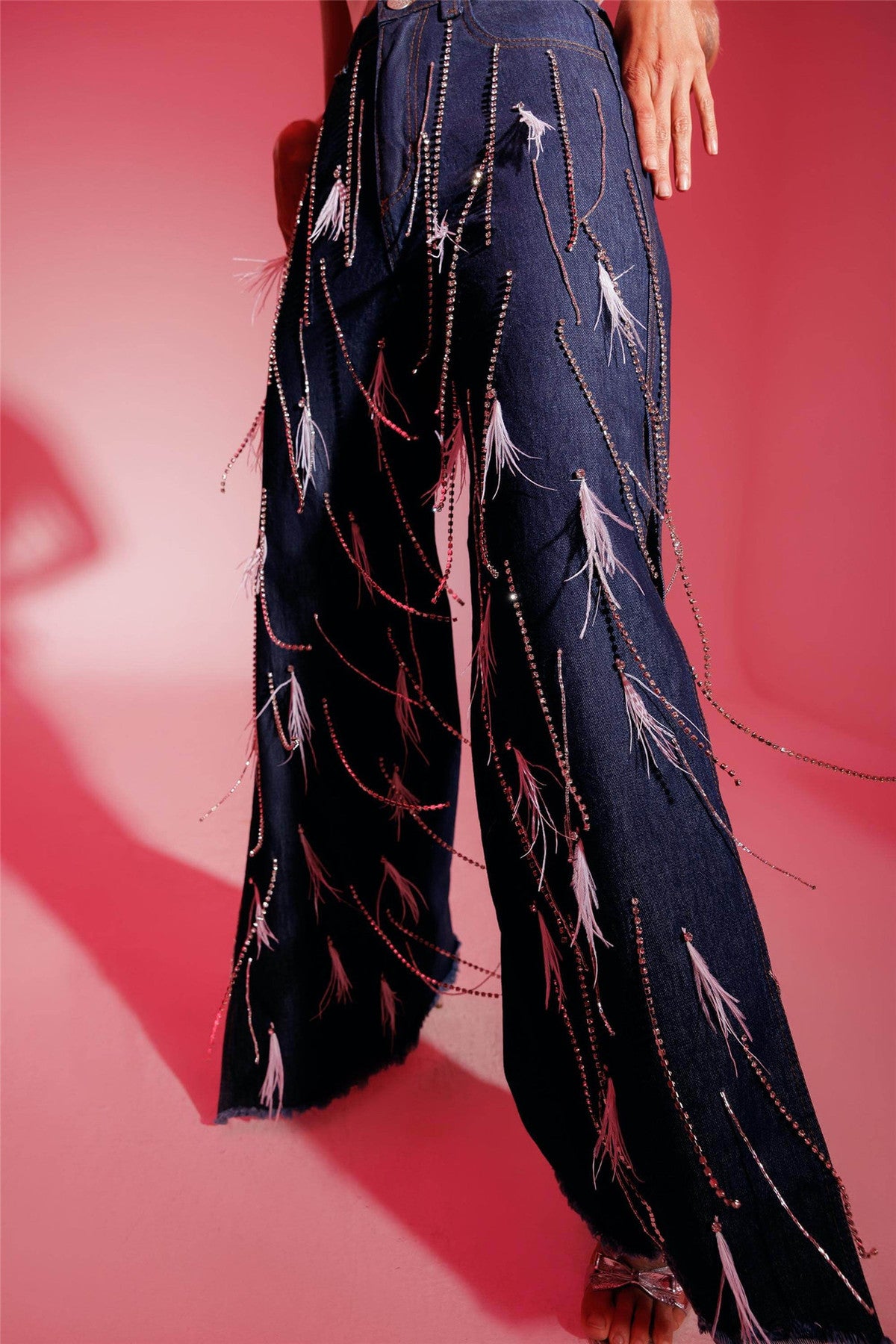 Women Fashion Feather Tassel Split Jeans