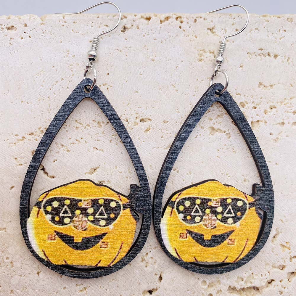 Halloween Women Funny Pumpkin Wizard Wooden Earrings