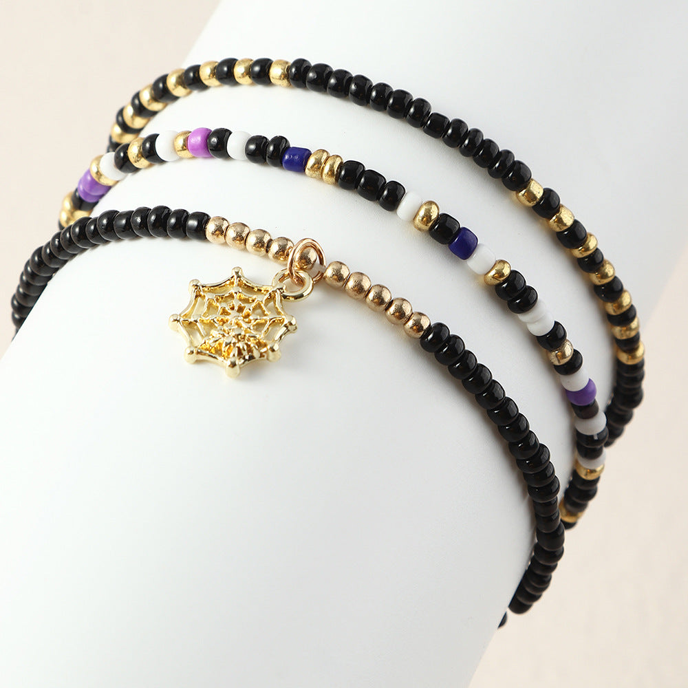 Conjunto de pulsera de Halloween con cuentas de aleación de calabaza y murciélago de colores variados retro a la moda para mujer