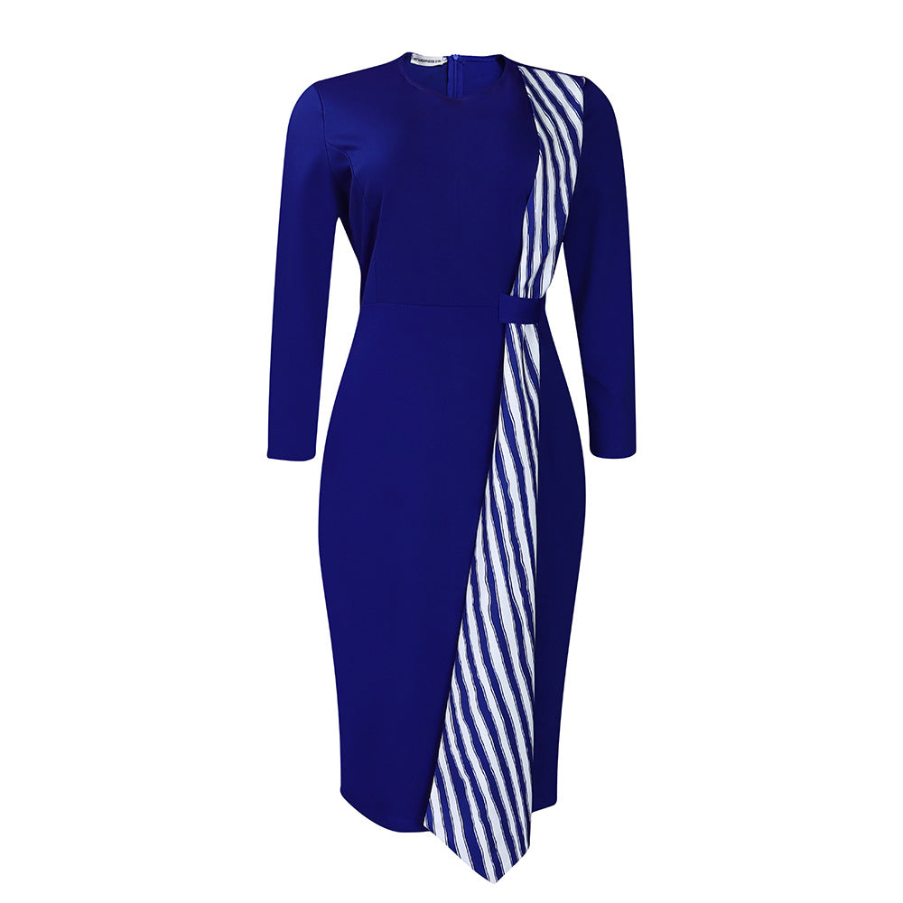 Women Fashion Elegant Plus Size Stitching Long-Sleeve Dress