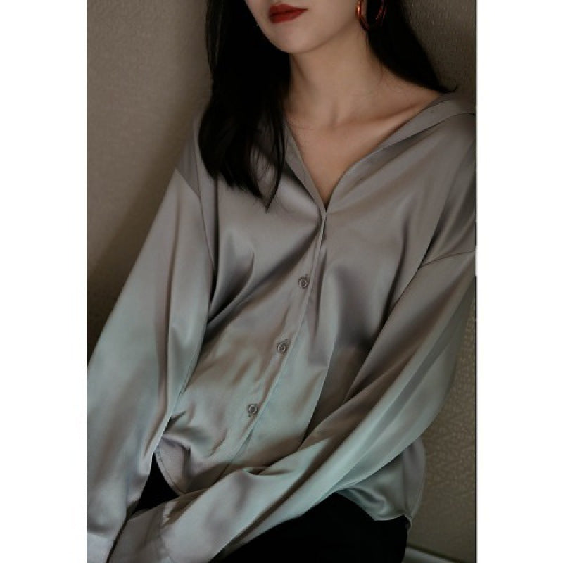 Women Casual Satin Long-Sleeve Blouse with Lapel