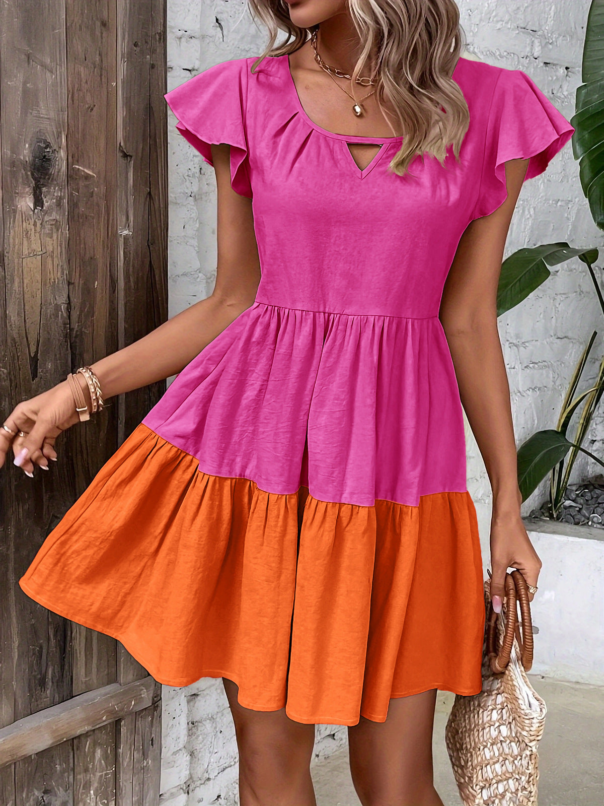 Robe décontractée en coton et lin à col en V pour femme